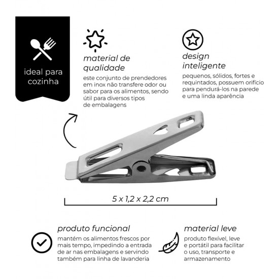 Jogo 6 Prendedores 5cm Aço Inox Para Embalagens Midi